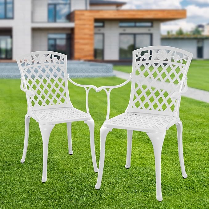 Aluminum Bistro Dining Chairs with Adjustable Foot CapAll Weather White Patio Chairs Set 2