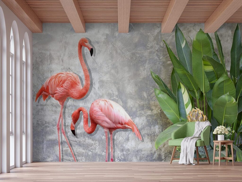 Murwall Flamingo Wallpaper Banana Leaf Wall Mural 3D Photo Wall Art